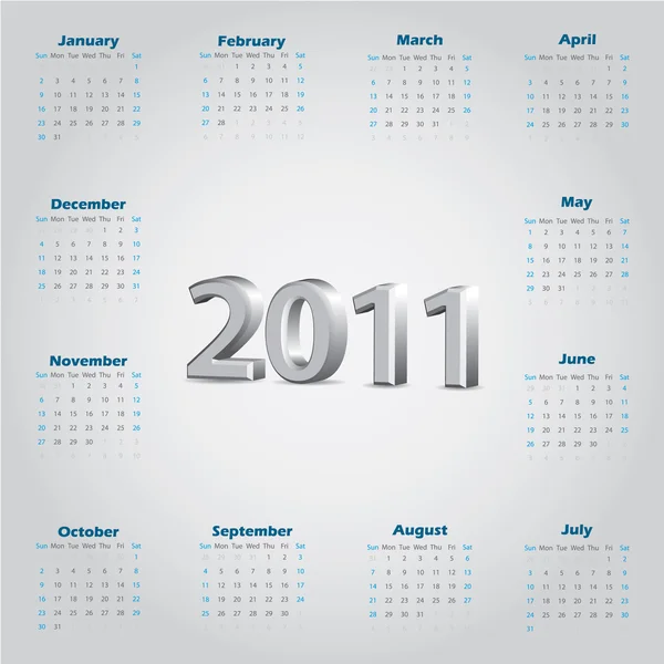 Semplice calendario 2011 con testo metallico 3d — Vettoriale Stock