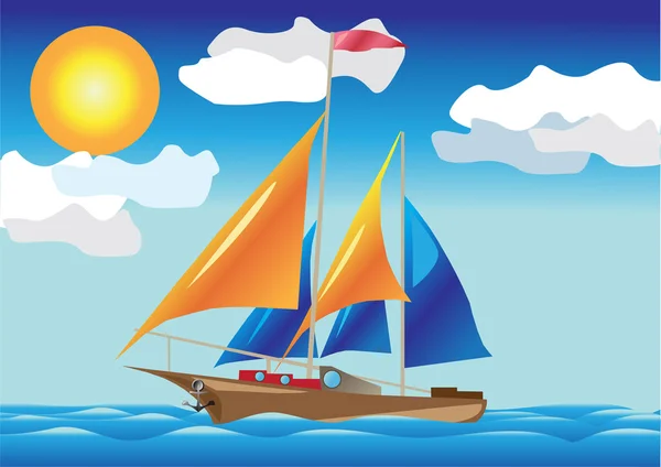Navire avec voiles au bord de la mer — Image vectorielle