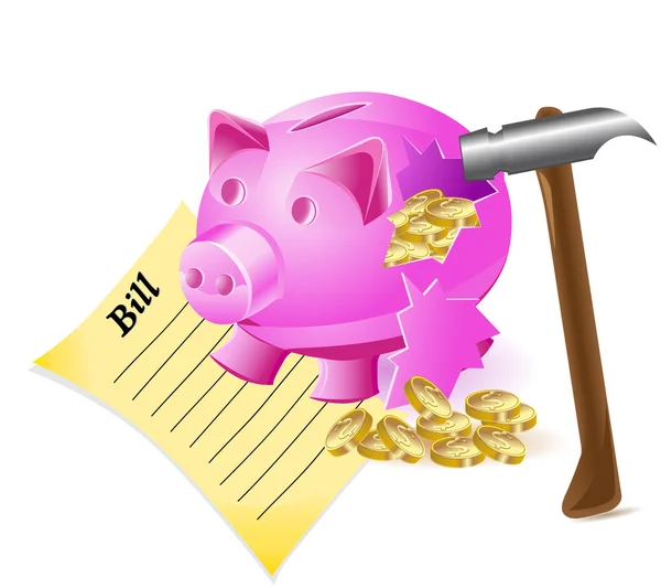 Broken money-box is a pig hammer bill and gold coins — Stock Photo, Image