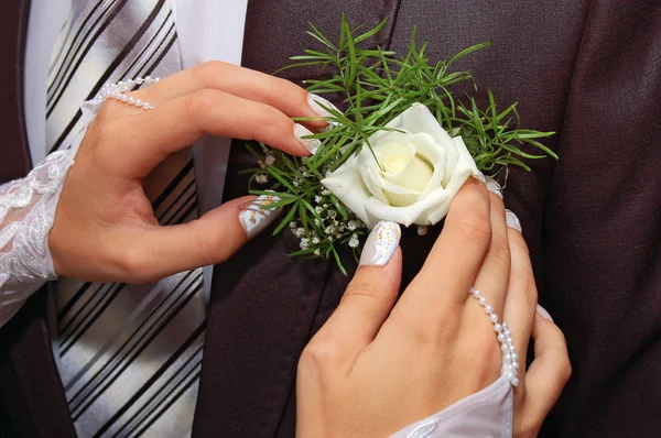 Fidanzata mani sull'asola dello sposo — Foto Stock