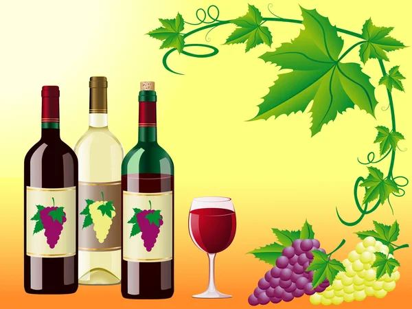 Wine is red white with a grapes and decorative pattern of leaves — Stock Vector