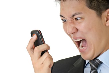 Business man yell to phone clipart