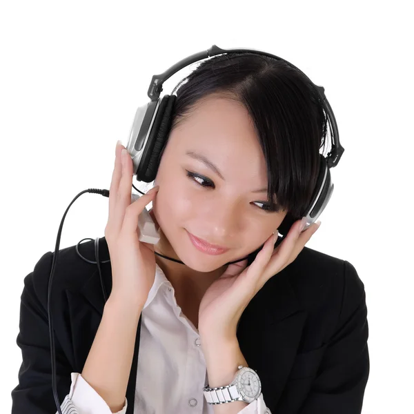 Business lady listen music — Stock Photo, Image
