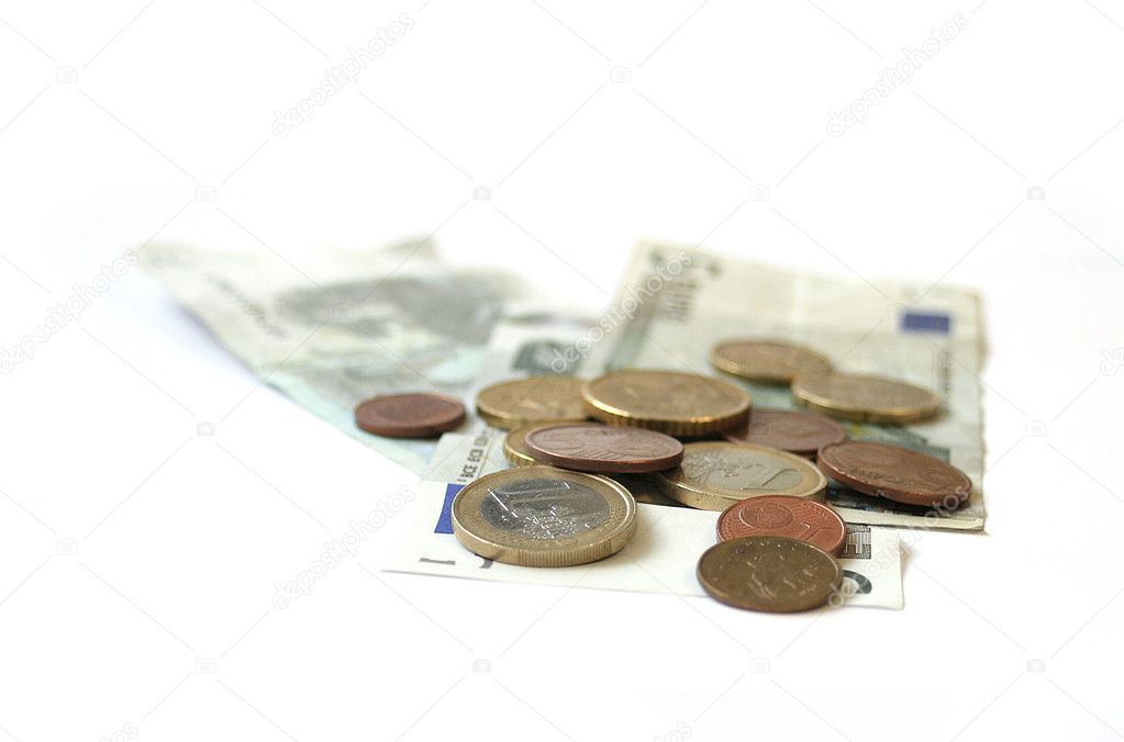 Cash euros coins and Banknotes on white background