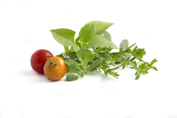 Diverse kruiden en cherry tomaten geïsoleerd op wit — Stockfoto
