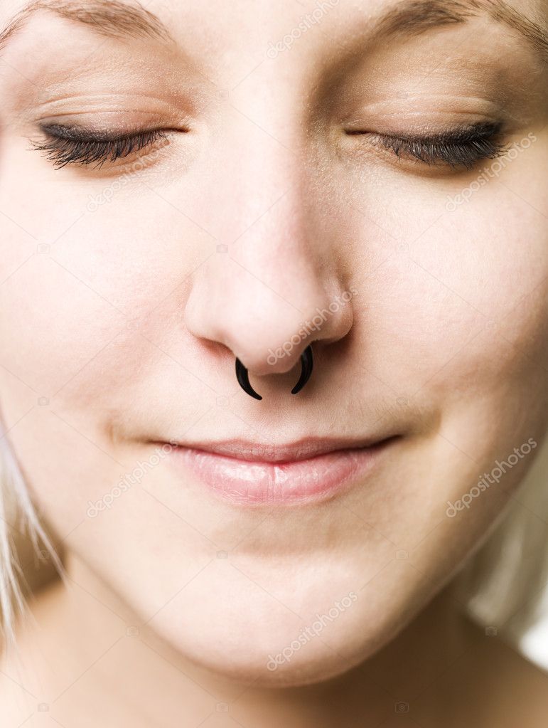 Portrait of Beautiful Young Caucasian Girl with Barbell Septum Nose Ring.  Horseshoe Nose Ring Stock Photo - Image of eccentric, nasal: 154845686