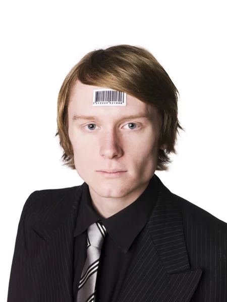 Man met een streepjescode in zijn gezicht — Stockfoto