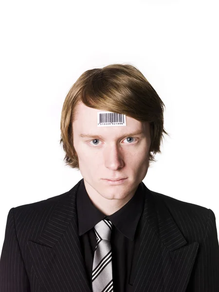 Man with a bar code in his face — Stock Photo, Image