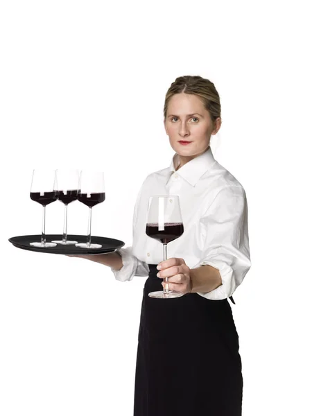 Camarera con una bandeja de gafas de vino —  Fotos de Stock