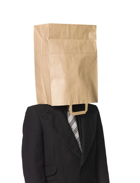 Un uomo con un sacchetto di carta in testa — Foto Stock