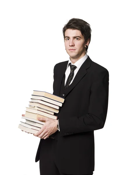 Homme avec une pile de livres — Photo