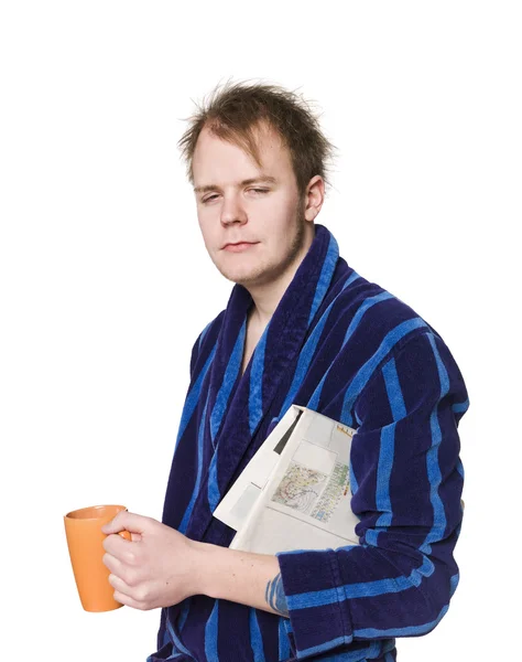Tired man with breakfast — Stock Photo, Image