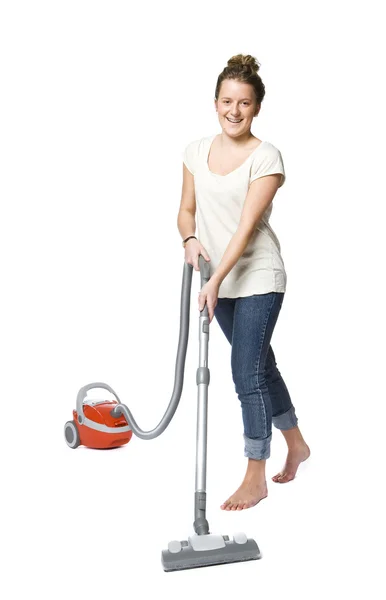 Wanita dengan vacuum cleaner — Stok Foto