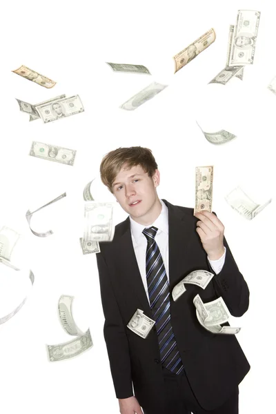 Mannen i pengar regn — Stockfoto