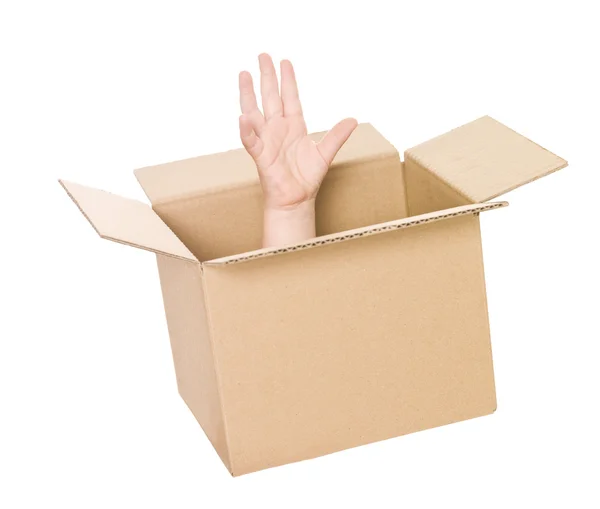 Ręka w tekturowym pudełku — Zdjęcie stockowe