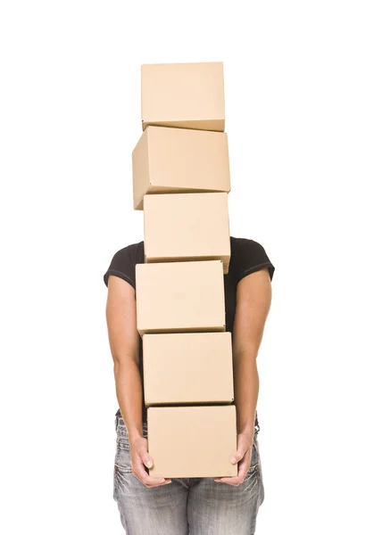 Donna che trasporta scatole di cartone — Foto Stock