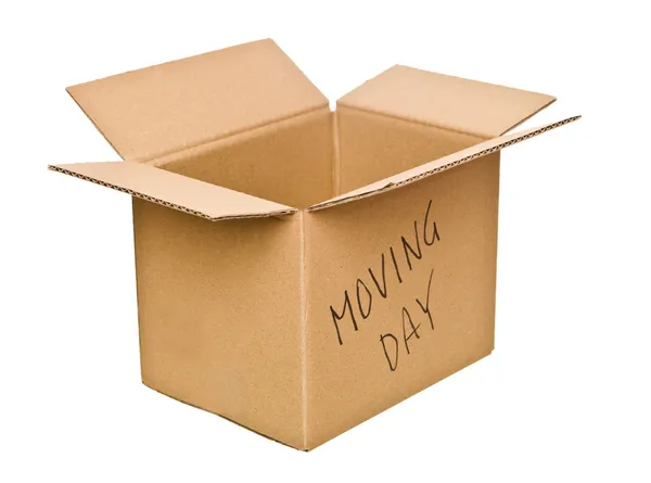 Krabici označené stěhovací den — Stock fotografie