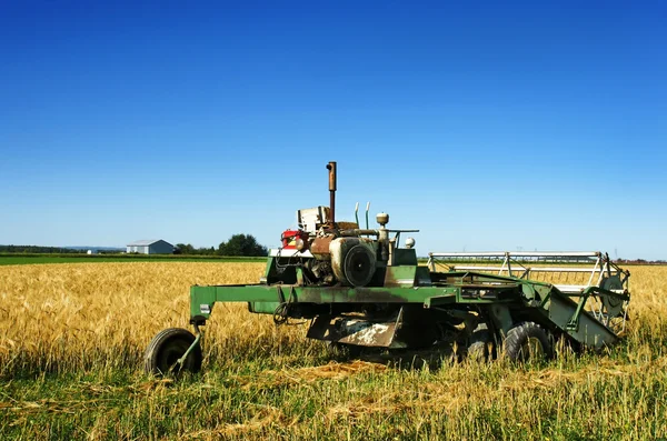 Antigua cosechadora oxidada y campo de cebada — Foto de Stock