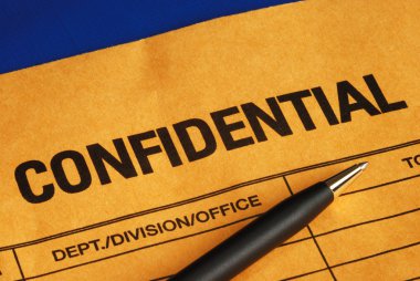 Pen on the confidential envelope isolated on blue clipart