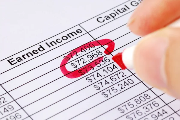 Een aantal van de verdiencapaciteit spreadsheet cirkel met een rode pen — Stockfoto