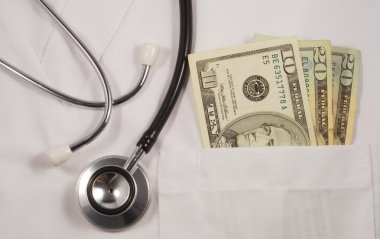 Money in doctor’s pocket concepts of rising medical cost clipart