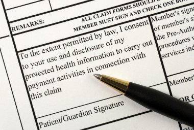 A patient signs the medical claim form clipart