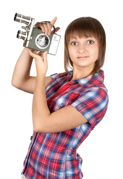 Menina em camisa xadrez com câmera de filme — Fotografia de Stock