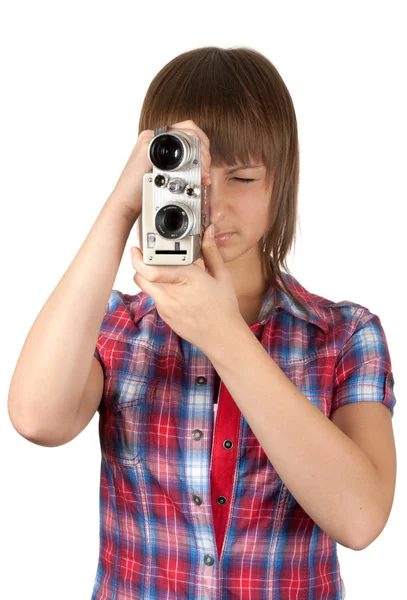 ผู้หญิงในเสื้อลายสก๊อตกับกล้องหนัง — ภาพถ่ายสต็อก