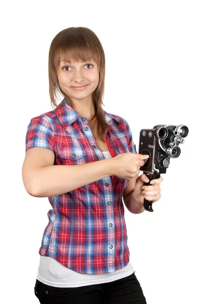 영화 카메라를 가진 격자 무늬 셔츠에 있는 여자 — 스톡 사진