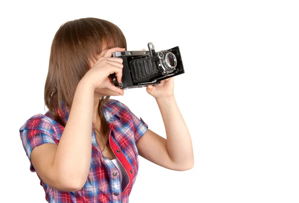Fiatal lány régi fotó kamera — Stock Fotó