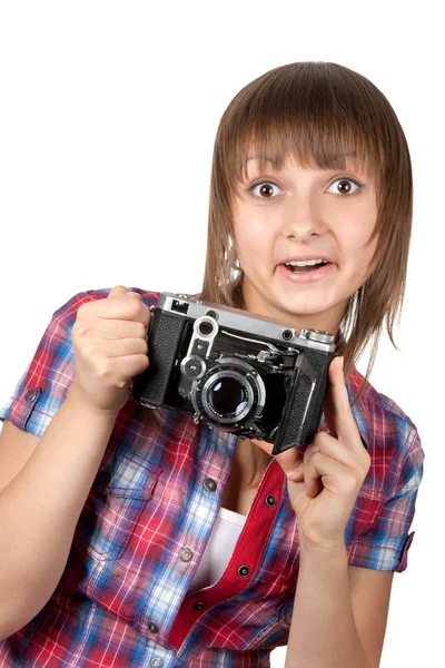 Chica joven con cámara vieja —  Fotos de Stock