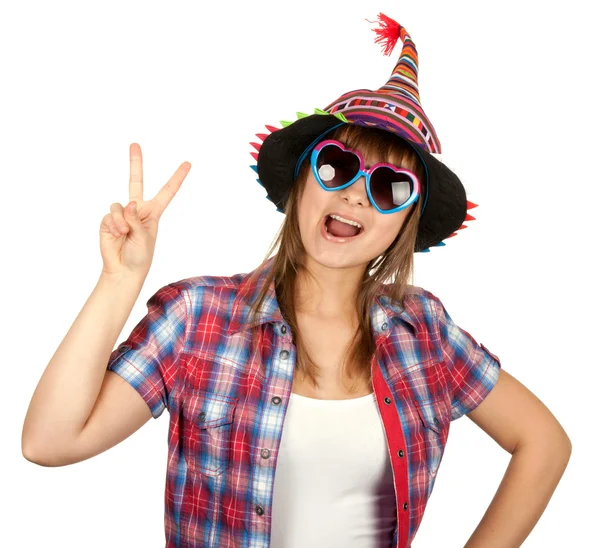 Beautiful girl in colour hat — Stock Photo, Image