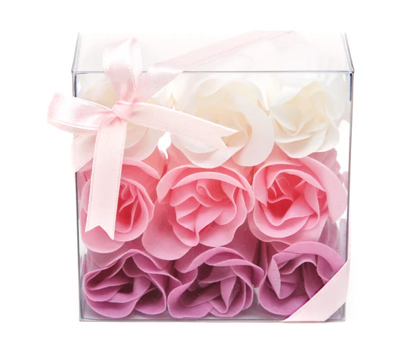 Fabrics rose in transparent gift to box — Stock Photo, Image