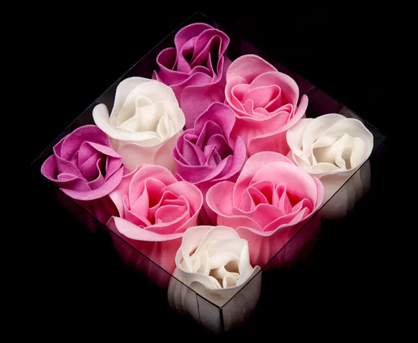 Fabrics rose in transparent box — Stock Photo, Image