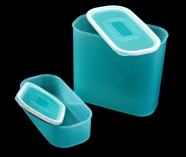 Dois recipientes plásticos translúcidos azuis — Fotografia de Stock