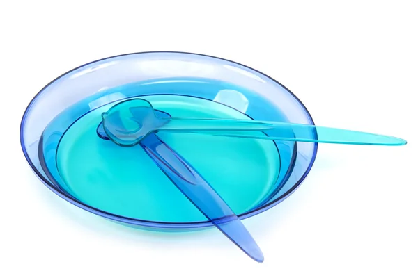 Piatti di plastica blu, cucchiaio, forchetta — Foto Stock