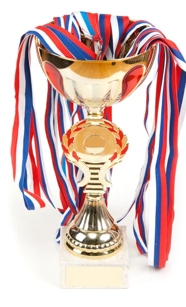 Coupe dorée, médailles avec ruban adhésif — Photo