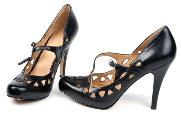 Svart feminina loafers på hög klack — Stockfoto