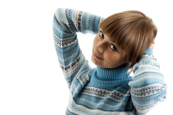 Retrato da menina em suéter azul — Fotografia de Stock