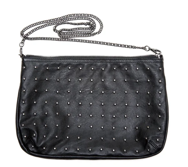 Black leather feminine bag with chain — Stock Photo, Image