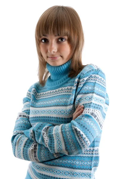 Portrait young beautiful girl in striped sweater — Stock Photo, Image