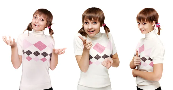 Collage junges schönes Mädchen im hellen Pullover auf weißem Hintergrund — Stockfoto