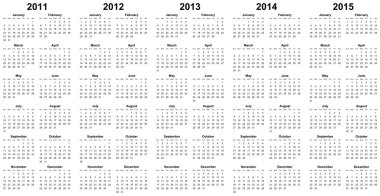 Calendar for year 2011, 2012, 2013, 2014, 2015 clipart