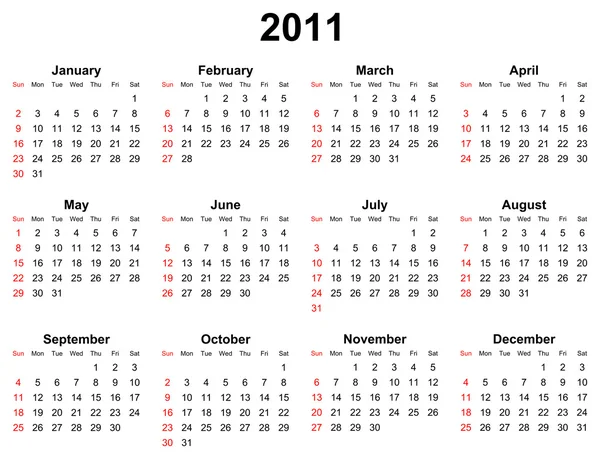 Simple editable calendar for year 2011 illustration — Stock Photo, Image