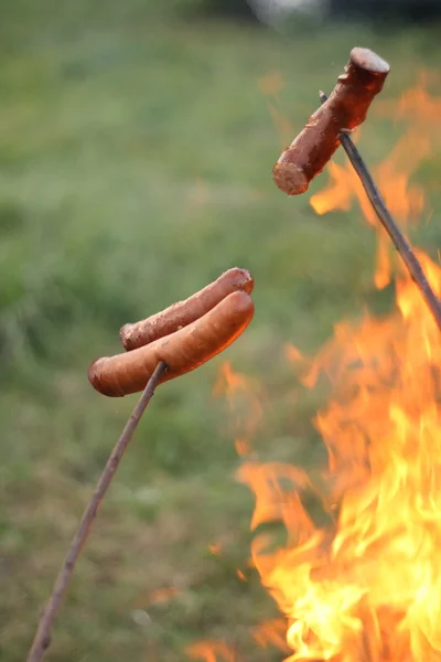 Stock image Sausages roasting over fire flames