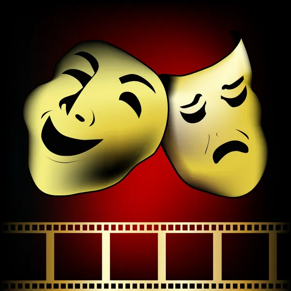 Máscara teatral de ouro vermelho de tragédia e vetor de comédia — Vetor de Stock