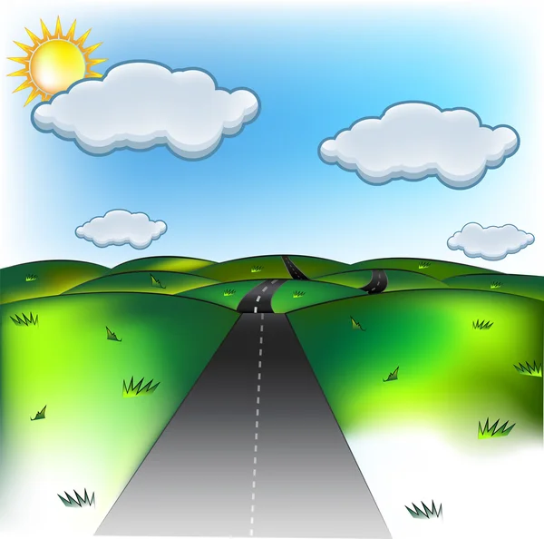 Зеленый пейзаж с вектором дорожных облаков — стоковый вектор