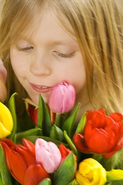 stock image Girl and tulips