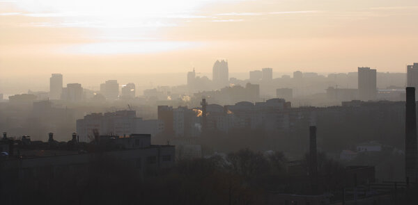 City Dnepropetrovsk, urban landscape, panorama at dawn on a misty morning