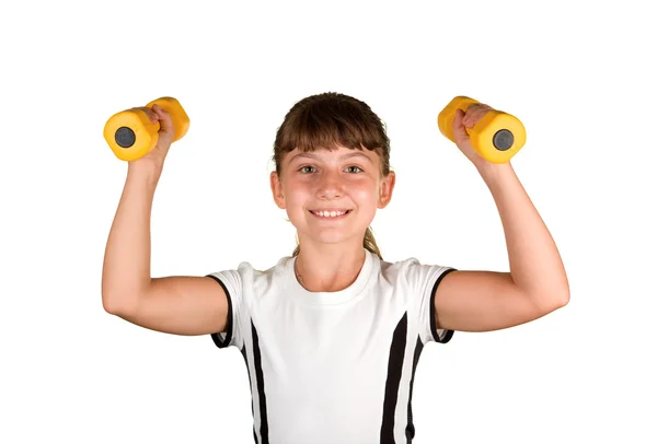 The girl with dumbbells — Stock Photo, Image
